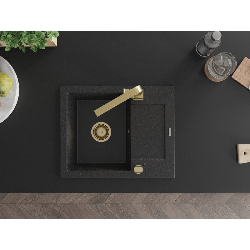 Mexen Enzo dřez granitový 1-komorový s odkapávačem a kuchyňskou baterií Rita, černý/stříbrný metalik - 6506-73-670300-50