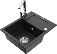 Mexen Enzo granitový kuchyňský dřez 1-komorový s odkapávačem a kuchyňskou baterií Rita, černý/zlatý metalický