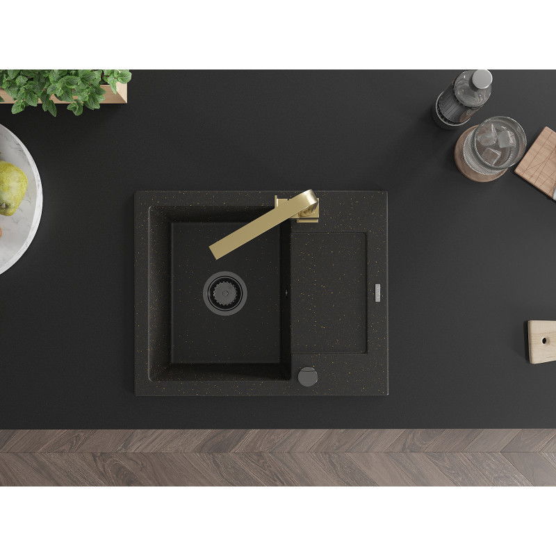 Mexen Enzo granitový dřez 1-komorový s odkapávačem a kuchyňskou baterií Rita, černý/zlatý metalik - 6506-75-670300-50-B