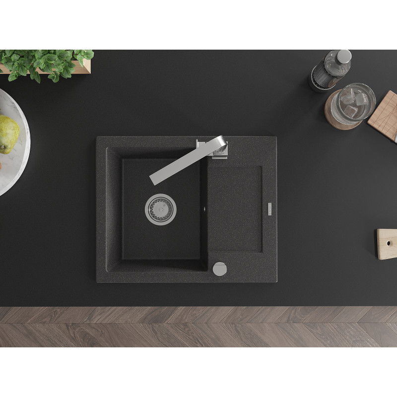 Mexen Enzo granitový dřez 1-komorový s odkapávačem a kuchyňskou baterií Rita, černý tečkovaný - 6506-76-670300-00