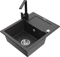 Mexen Enzo granitový dřez 1-komorový s odkapávačem a kuchyňskou baterií Rita, černý skvrnitý - 6506-76-670300-70