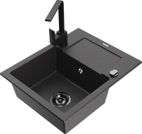 Mexen Enzo granitový dřez s jednou komorou a odkapávačem a kuchyňskou baterií Rita, černý s tečkami - 6506-76-670300-70-B
