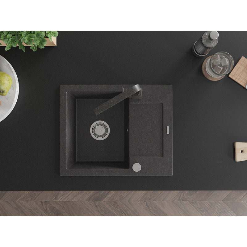 Mexen Enzo granitový dřez jednokomorový s odkapávačem a kuchyňskou baterií Rita, černý skvrnitý - 6506-76-670300-76