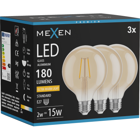 Mexen Vintis 3x Žárovka filament LED E27, G95, 2W, Teplá - 2200K, 180 lm, jantarová - L157-E27-0222-50x03