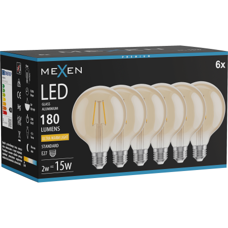 Mexen Vintis 6x žárovka filament LED E27, G95, 2W, Teplá - 2200K, 180 lm, amber - L157-E27-0222-50x06