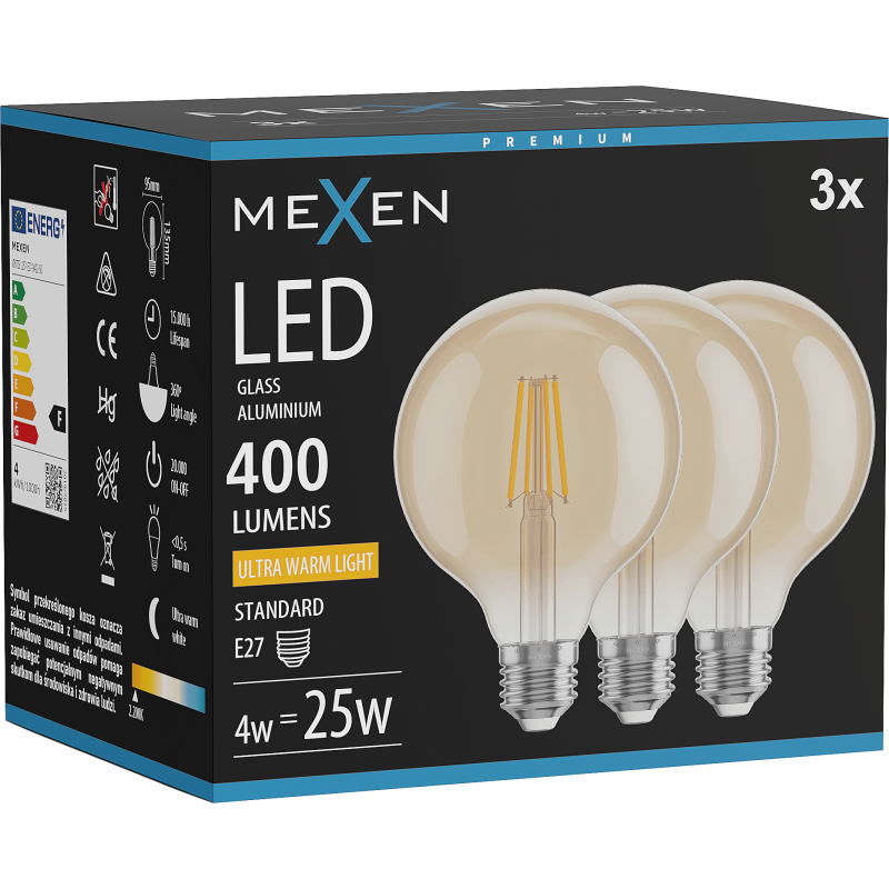 Mexen Vintis 3x LED filamentová žárovka E27, G95, 4W, Teplá - 2200K, 400 lm, jantarová - L157-E27-0422-50x03