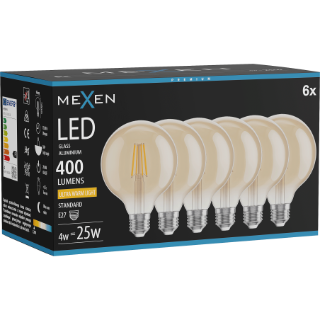 Mexen Vintis 6x LED filamentová žárovka E27, G95, 4W, Teplá - 2200K, 400 lm, jantarová - L157-E27-0422-50x06