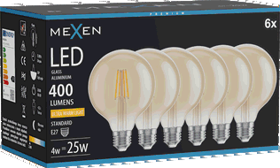 Mexen Vintis 6x LED filamentová žárovka E27, G95, 4W, Teplá - 2200K, 400 lm, jantarová - L157-E27-0422-50x06