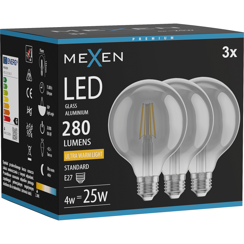 Mexen Vintis 3x LED vlákno žárovka E27, G95, 4W, Teplá - 2200K, 280 lm, kouřová - L157-E27-0422-70x03