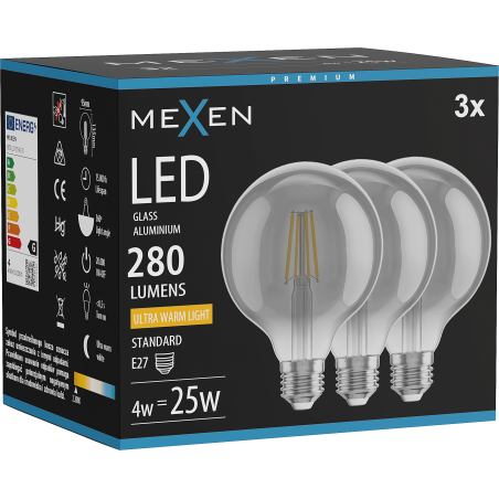Mexen Vintis 3x LED vlákno žárovka E27, G95, 4W, Teplá - 2200K, 280 lm, kouřová - L157-E27-0422-70x03