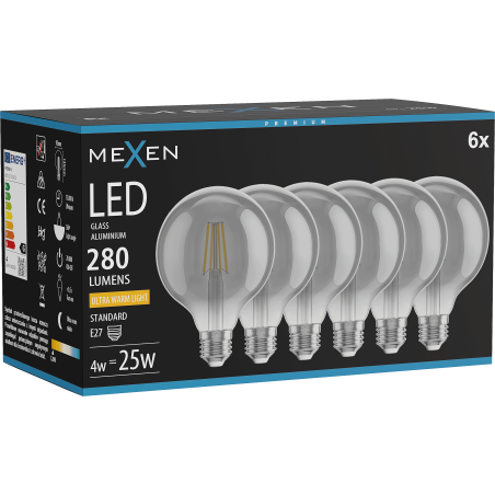 Mexen Vintis 6x Žárovka filament LED E27, G95, 4W, Teplá - 2200K, 280 lm, kouřová - L157-E27-0422-70x06