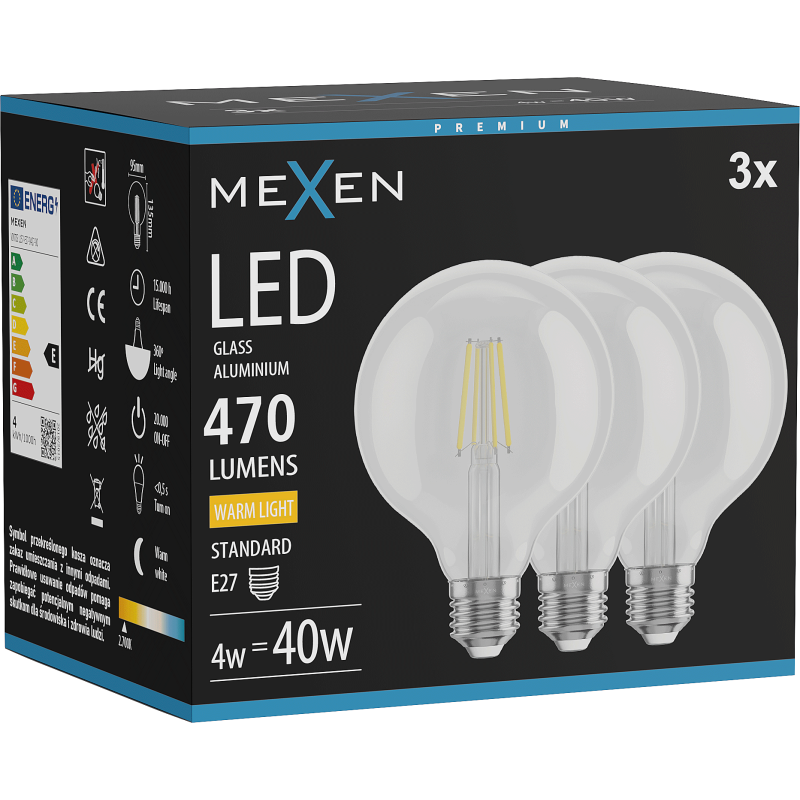 Mexen Vintis 3x žárovka filament LED E27, G95, 4W, Teplá - 2700K, 470 lm, čirá - L157-E27-0427-00x03