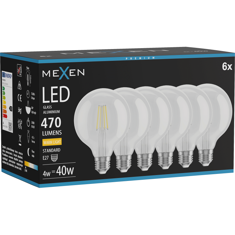 Mexen Vintis 6x Filamentová LED žárovka E27, G95, 4W, Teplá - 2700K, 470 lm, čirá - L157-E27-0427-00x06