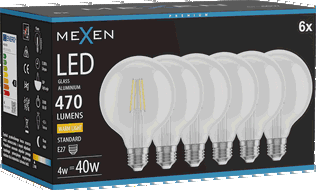 Mexen Vintis 6x Filamentová LED žárovka E27, G95, 4W, Teplá - 2700K, 470 lm, čirá - L157-E27-0427-00x06