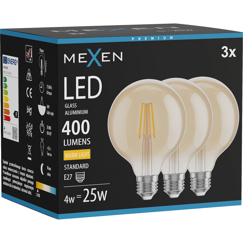 Mexen Vintis 3x LED filament žárovka E27, G95, 4W, Teplá - 2700K, 400 lm, amber - L157-E27-0427-50x03