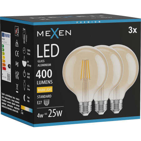 Mexen Vintis 3x LED filament žárovka E27, G95, 4W, Teplá - 2700K, 400 lm, amber - L157-E27-0427-50x03