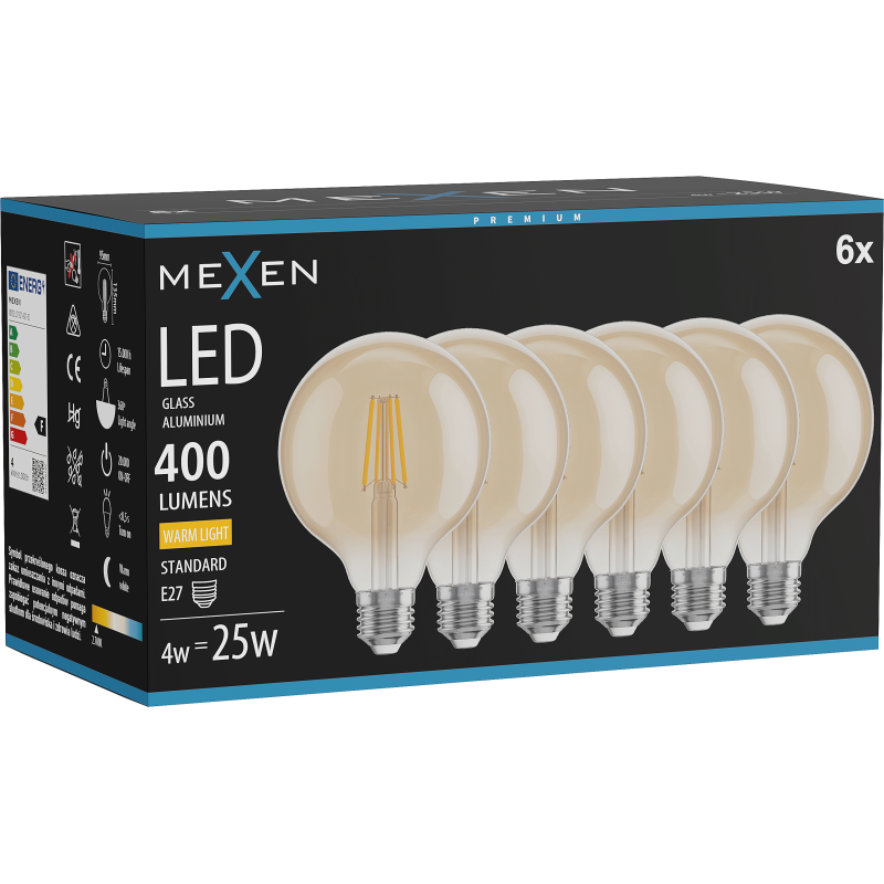 Mexen Vintis 6x LED žárovka filament E27, G95, 4W, Teplá - 2700K, 400 lm, jantarová - L157-E27-0427-50x06