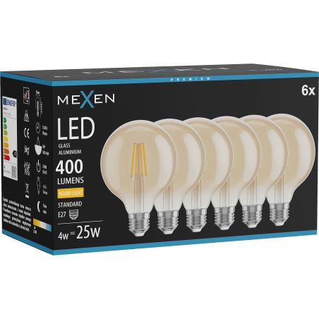 Mexen Vintis 6x LED žárovka filament E27, G95, 4W, Teplá - 2700K, 400 lm, jantarová - L157-E27-0427-50x06