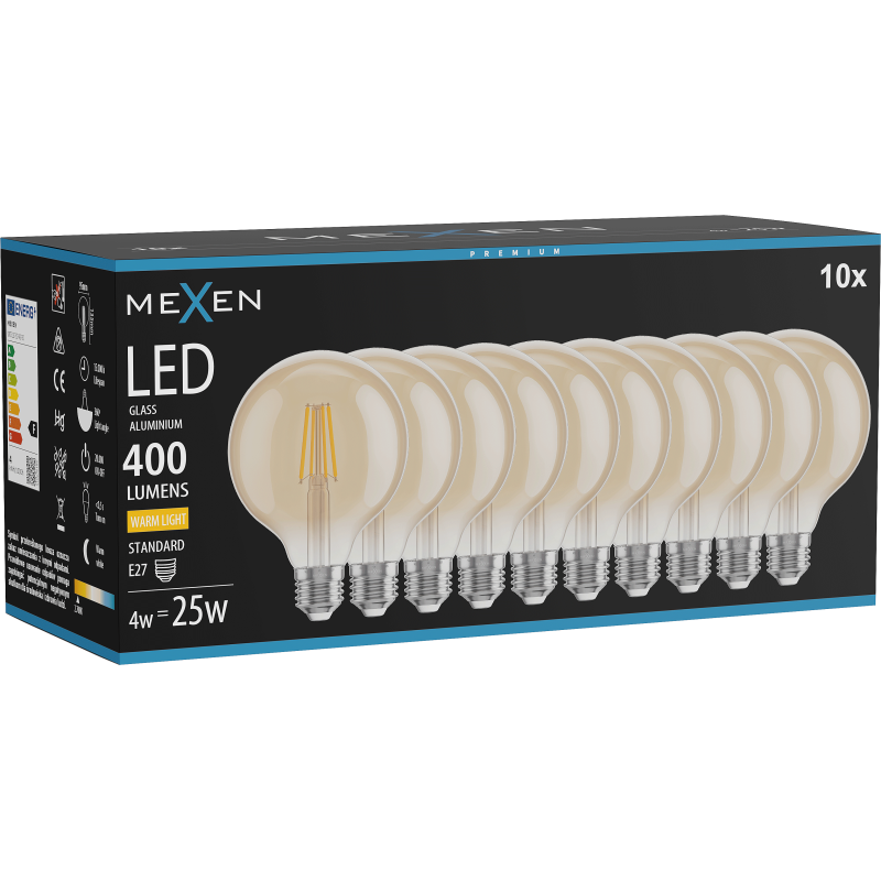 Mexen Vintis 10x žárovka filament LED E27, G95, 4W, Teplá - 2700K, 400 lm, amber - L157-E27-0427-50x10