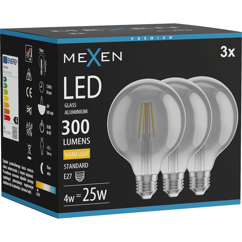 Mexen Vintis 3x LED žárovka filament E27, G95, 4W, Teplá - 2700K, 300 lm, kouřová - L157-E27-0427-70x03