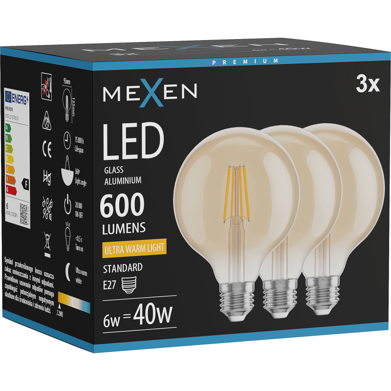 Mexen Vintis 3x žárovka filament LED E27, G95, 6W, Teplá - 2200K, 600 lm, jantarová - L157-E27-0622-50x03