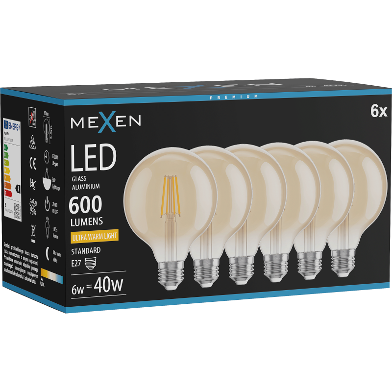 Mexen Vintis 6x žárovka filament LED E27, G95, 6W, Teplá - 2200K, 600 lm, amber - L157-E27-0622-50x06