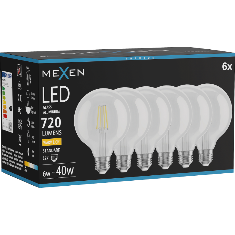 Mexen Vintis 6x LED vlákno žárovka E27, G95, 6W, Teplá - 2700K, 720 lm, čirá - L157-E27-0627-00x06