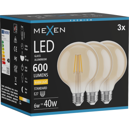 Mexen Vintis 3x Žárovka filament LED E27, G95, 6W, Teplá - 2700K, 600 lm, jantarová - L157-E27-0627-50x03