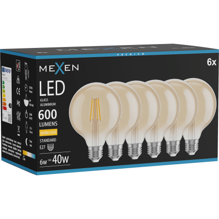Mexen Vintis 6x LED vláknová žárovka E27, G95, 6W, Teplá - 2700K, 600 lm, jantarová - L157-E27-0627-50x06