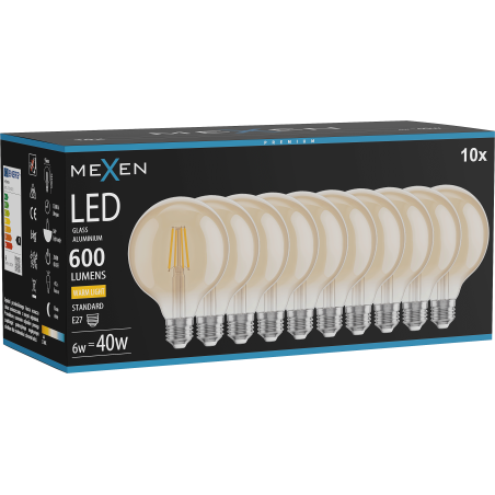 Mexen Vintis 10x žárovka filament LED E27, G95, 6W, Teplá - 2700K, 600 lm, jantarová - L157-E27-0627-50x10
