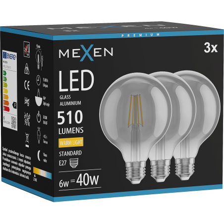 Mexen Vintis 3x žárovka filament LED E27, G95, 6W, Teplá - 2700K, 510 lm, kouřová - L157-E27-0627-70x03
