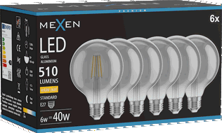 Mexen Vintis 6x LED vlákna žárovka E27, G95, 6W, Teplá - 2700K, 510 lm, kouřová - L157-E27-0627-70x06