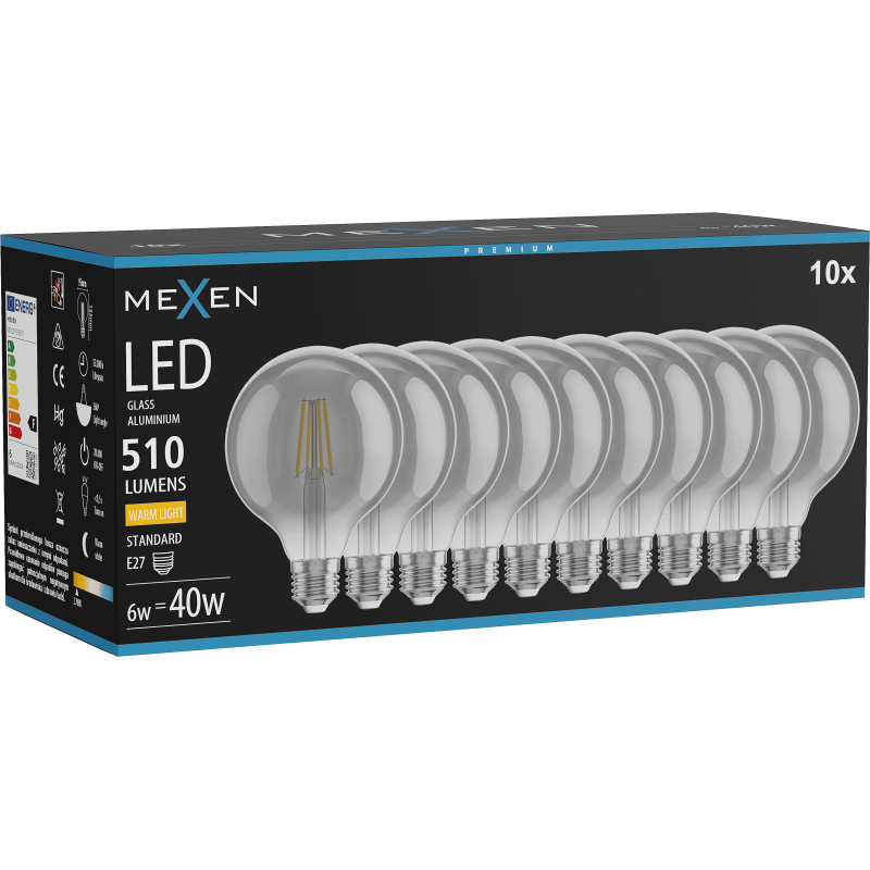 Mexen Vintis 10x žárovka filament LED E27, G95, 6W, Teplá - 2700K, 510 lm, kouřová - L157-E27-0627-70x10