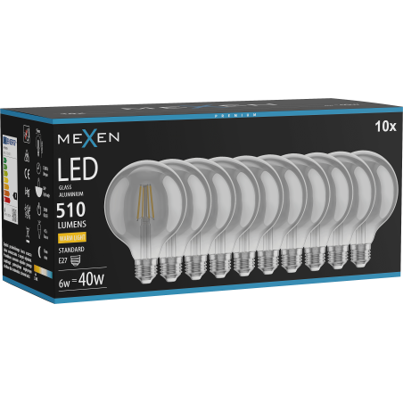 Mexen Vintis 10x žárovka filament LED E27, G95, 6W, Teplá - 2700K, 510 lm, kouřová - L157-E27-0627-70x10
