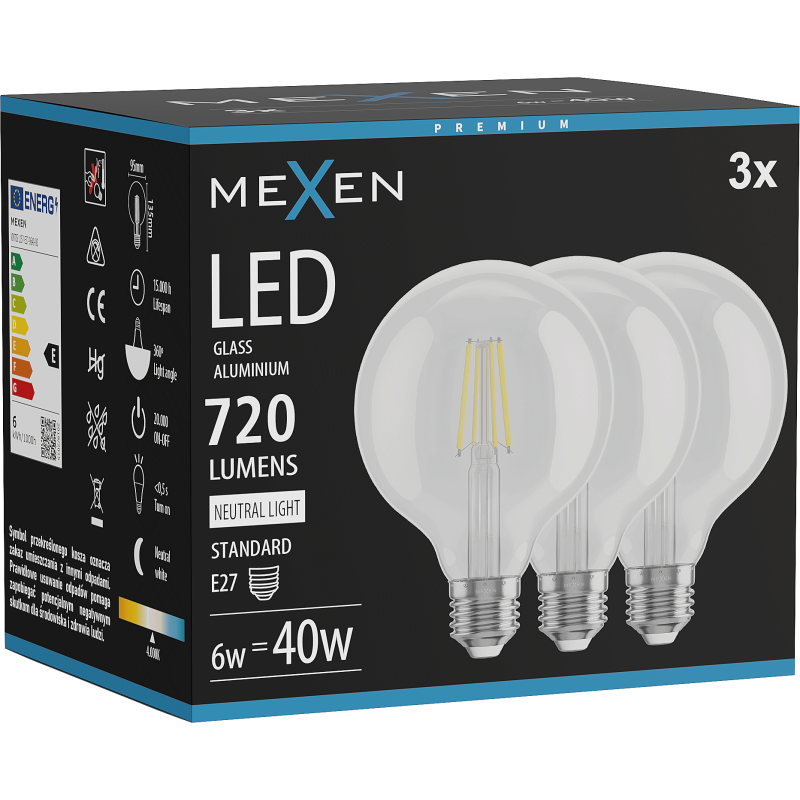 Mexen Vintis 3x LED filamentová žárovka E27, G95, 6W, Neutralní - 4000K, 720 lm, čirá - L157-E27-0640-00x03