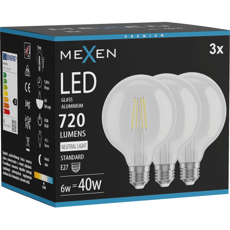 Mexen Vintis 3x LED filamentová žárovka E27, G95, 6W, Neutralní - 4000K, 720 lm, čirá - L157-E27-0640-00x03