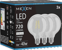 Mexen Vintis 3x LED filamentová žárovka E27, G95, 6W, Neutralní - 4000K, 720 lm, čirá - L157-E27-0640-00x03