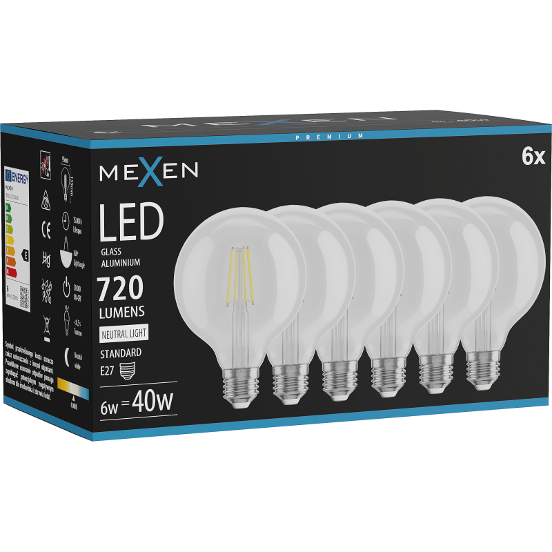 Mexen Vintis 6x LED filamentová žárovka E27, G95, 6W, Neutrální - 4000K, 720 lm, čirá - L157-E27-0640-00x06