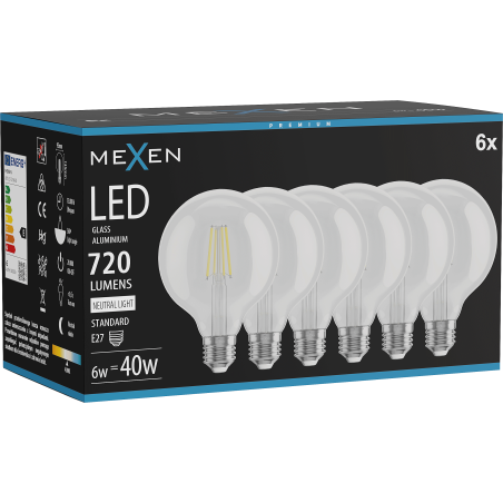 Mexen Vintis 6x LED filamentová žárovka E27, G95, 6W, Neutrální - 4000K, 720 lm, čirá - L157-E27-0640-00x06