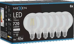 Mexen Vintis 6x LED filamentová žárovka E27, G95, 6W, Neutrální - 4000K, 720 lm, čirá - L157-E27-0640-00x06