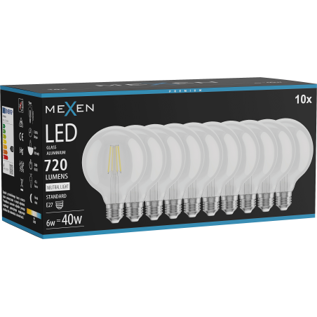 Mexen Vintis 10x Žárovka filament LED E27, G95, 6W, Neutrální - 4000K, 720 lm, čirá - L157-E27-0640-00x10