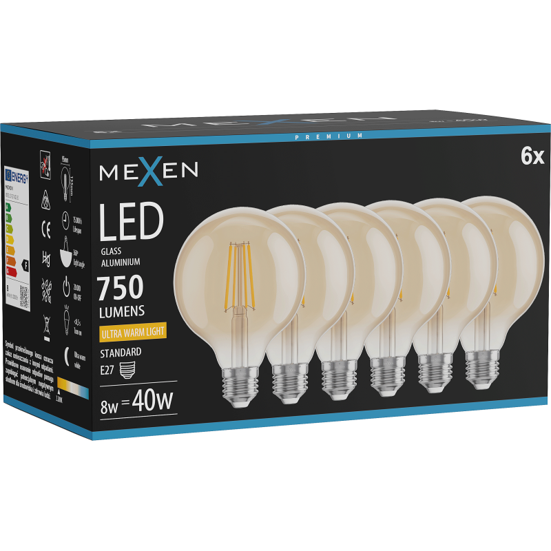 Mexen Vintis 6x Žárovka filament LED E27, G95, 8W, Teplá - 2200K, 750 lm, jantarová - L157-E27-0822-50x06