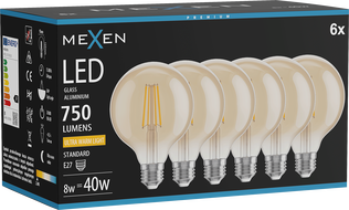 Mexen Vintis 6x Žárovka filament LED E27, G95, 8W, Teplá - 2200K, 750 lm, jantarová - L157-E27-0822-50x06