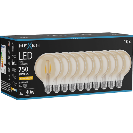 Mexen Vintis 10x LED vlákno žárovka E27, G95, 8W, Teplá - 2200K, 750 lm, jantarová - L157-E27-0822-50x10