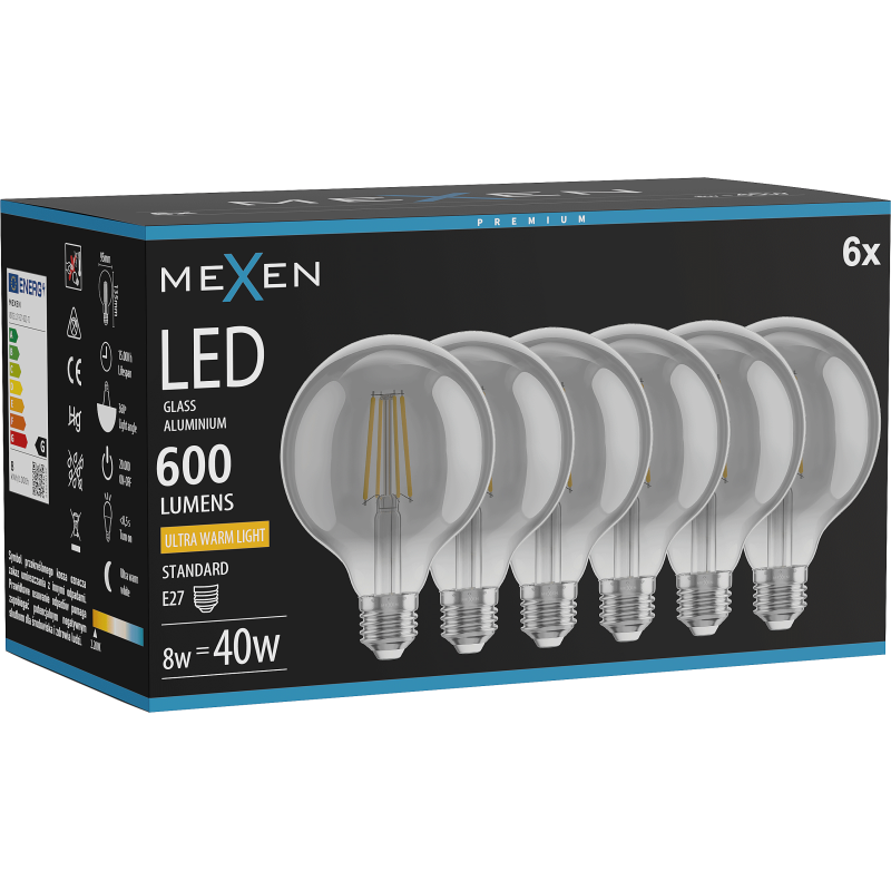 Mexen Vintis 6x žárovka filament LED E27, G95, 8W, Teplá - 2200K, 600 lm, kouřová - L157-E27-0822-70x06