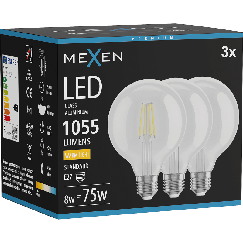 Mexen Vintis 3x LED filamentová žárovka E27, G95, 8W, Teplá - 2700K, 1055 lm, čirá - L157-E27-0827-00x03