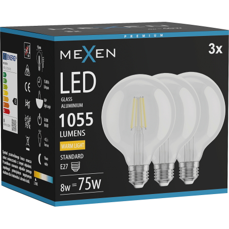 Mexen Vintis 3x LED filamentová žárovka E27, G95, 8W, Teplá - 2700K, 1055 lm, čirá - L157-E27-0827-00x03