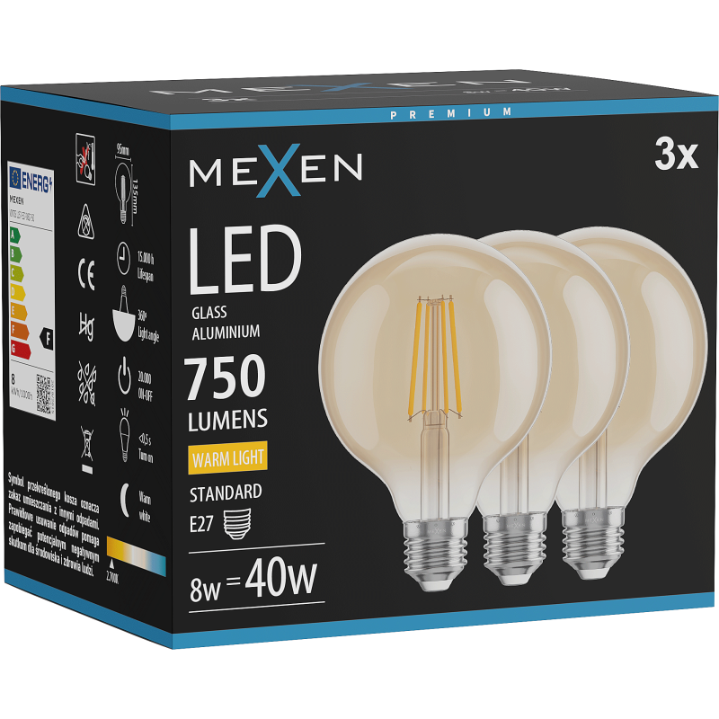 Mexen Vintis 3x žárovka filament LED E27, G95, 8W, Teplá - 2700K, 750 lm, jantarová - L157-E27-0827-50x03