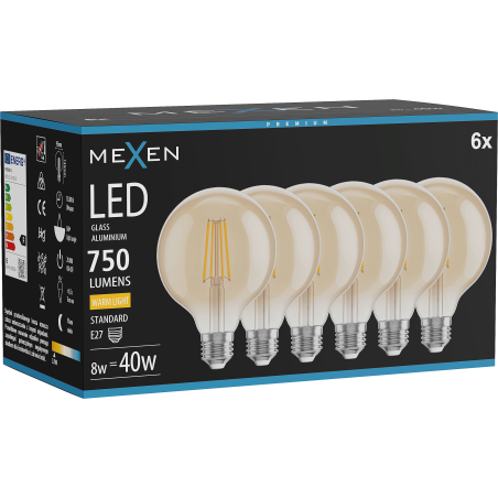 Mexen Vintis 6x žárovka filament LED E27, G95, 8W, Teplá - 2700K, 750 lm, amber - L157-E27-0827-50x06