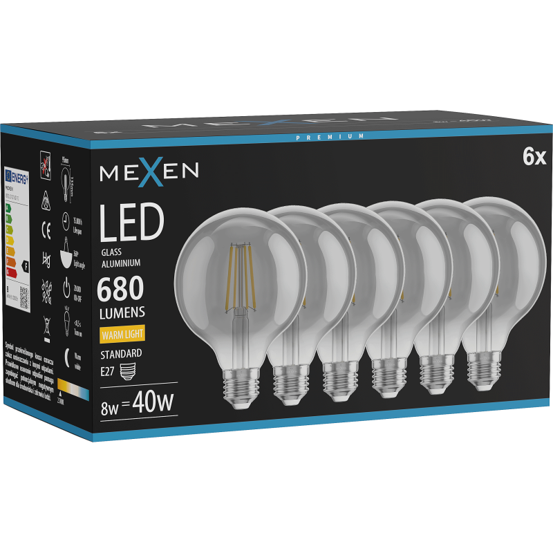 Mexen Vintis 6x žárovka filament LED E27, G95, 8W, Teplá - 2700K, 680 lm, kouřová - L157-E27-0827-70x06